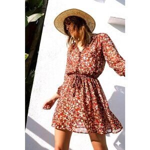 Mossimo Supply Co XXL Brown Floral Button Front Long Sleeve Mini Dress Belted